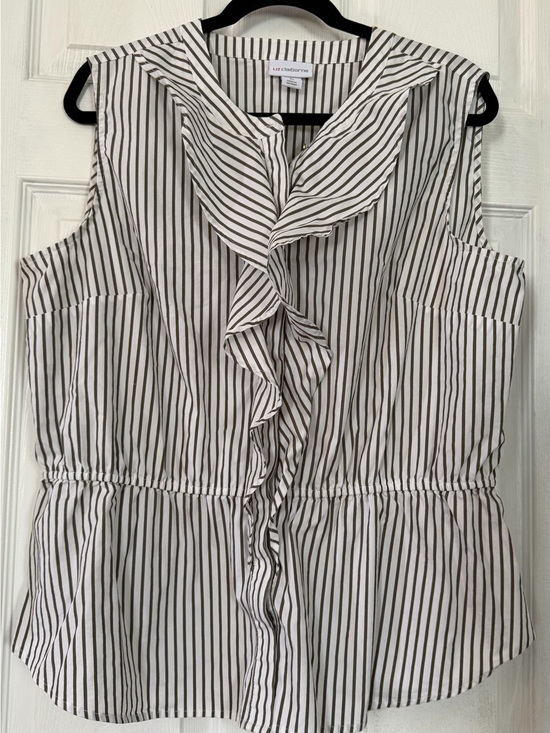 Liz Claiborne Tops - Liz Claiborne White and Olive Stripe Ruffle Sleeveless Top